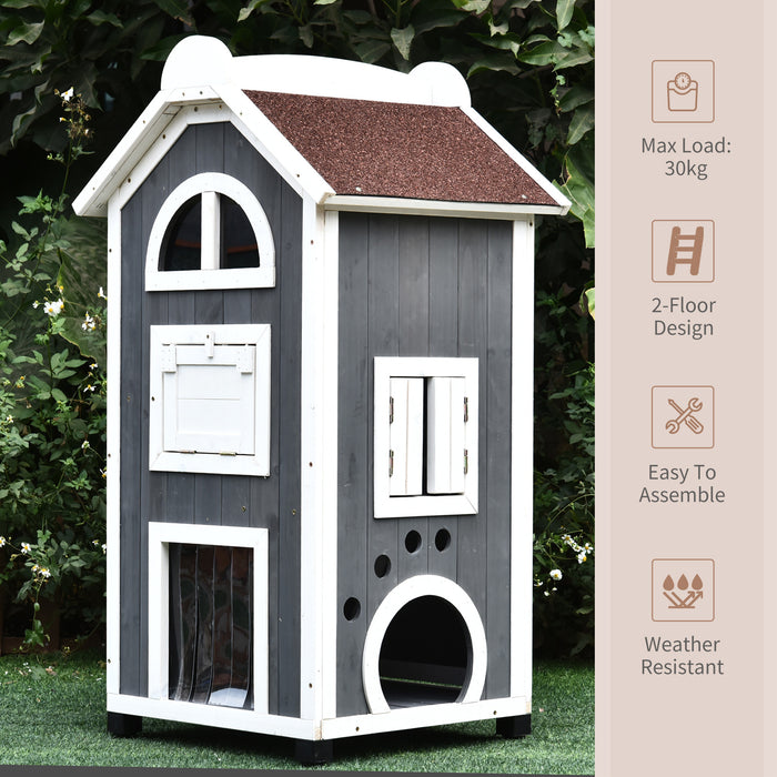 Outdoor Cat Shelter - Weatherproof Wooden 2-Floor Cat House with Condo Cave - Ideal Pet Retreat for Indoor/Outdoor Use, Grey and White