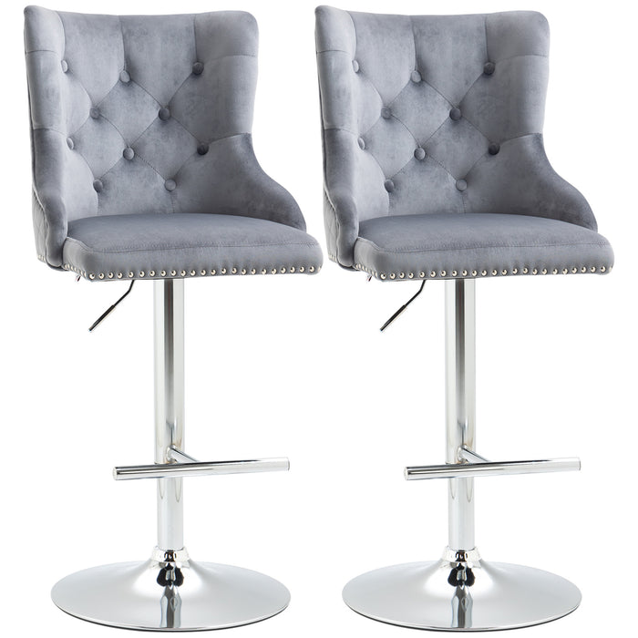 Adjustable Swivel Velvet Barstools Pair - Contemporary Tufted Back with Nailhead Trim and Footrest - Elegant Seating for Home Bar, Grey