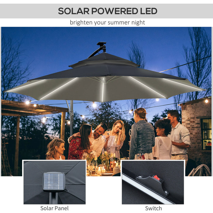 Cantilever Banana Parasol with Solar LED Lights - Double Roof Hanging Umbrella, Crank Operation, 8 Ribs, Cross Base - Ideal for Outdoor Relaxation and Night Use