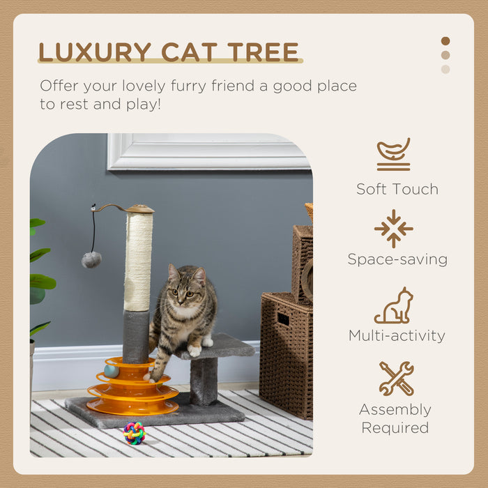 Cat Tree Tower with Scratching Posts - Climbing Stand and Activity Center for Kittens - Grey 56cm House Furniture with Toy Perch