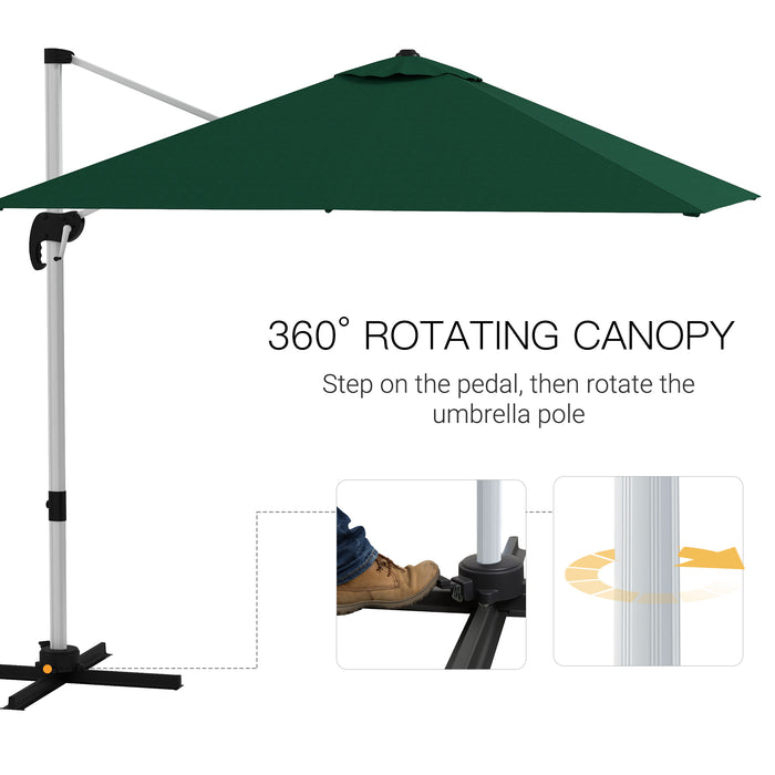 Cantilever Parasol 3x3m with Cross Base - Green Square Umbrella with Crank Handle, Tilt, and 360° Rotation - Durable Aluminium Frame for Outdoor Shade and Comfort