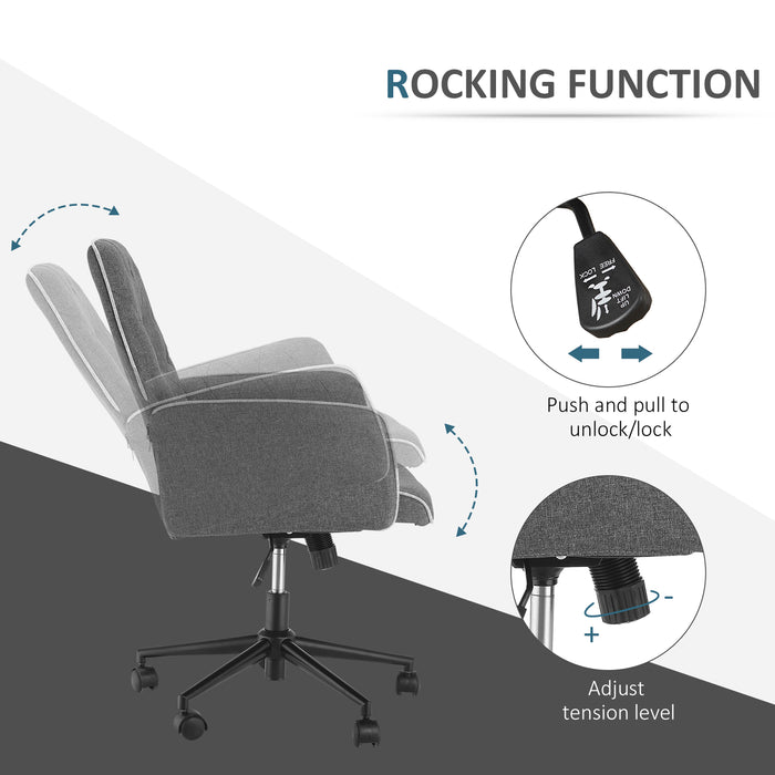 Linen Swivel Office Chair - Mid-Back Adjustable Computer Desk Chair with Arms in Grey - Comfortable Seating for Professionals and Students