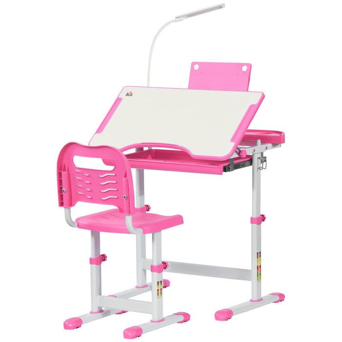 Height Adjustable Children's Study Desk with Chair - Ergonomic Design with USB Lamp and Storage Drawer - Ideal for Homework and Art Projects, Pink and White