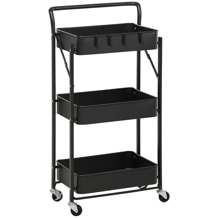 Foldable 3-Tier Rolling Utility Cart - Mesh Basket Storage with 4 Hooks, Black - Space-Saving Organizer for Living Room, Laundry, Kitchen