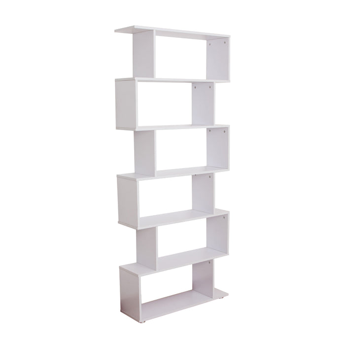 6-Tier S-Shaped Wooden Bookshelf - Open Concept Display & Storage Unit, White Finish - Ideal for Home Office and Living Room Organization