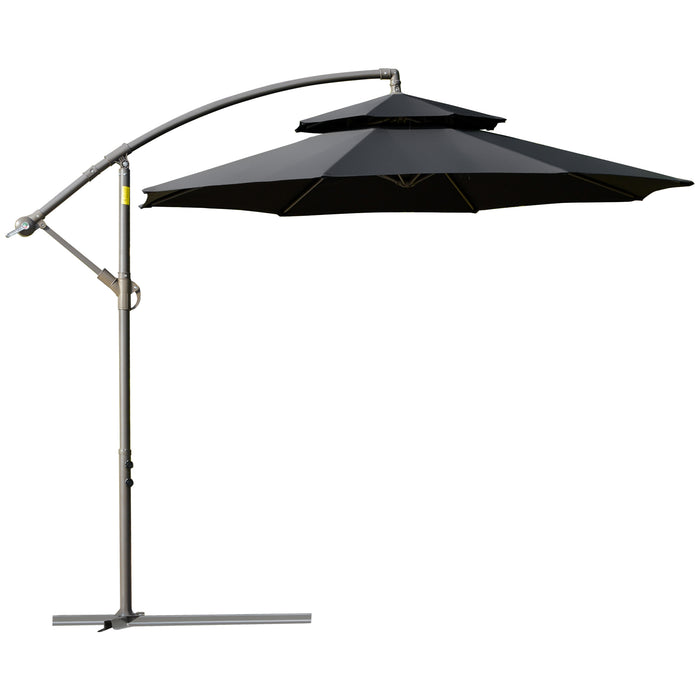 Banana Parasol Cantilever Umbrella 2.7m - Double Tier Canopy, Crank Handle, Cross Base Outdoor Sun Shade - Perfect for Patio, Garden & Poolside Shelter