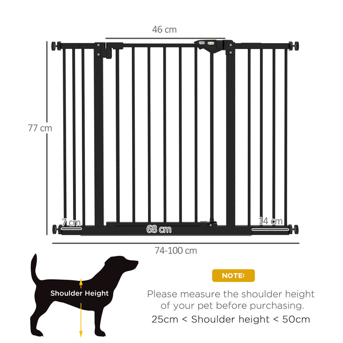 Adjustable Metal Dog Gate 74-100cm Wide in Black - Pet Safety Barrier for Home - Ideal for Puppies & Small Dogs