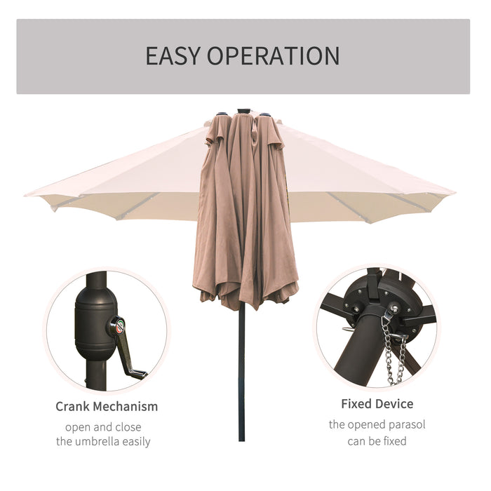 Large 4.4m Double-Sided Garden Parasol - Outdoor Patio Sun Shade with Solar-Powered LED Lights, Khaki - Ideal for Backyard Entertainment and Relaxation