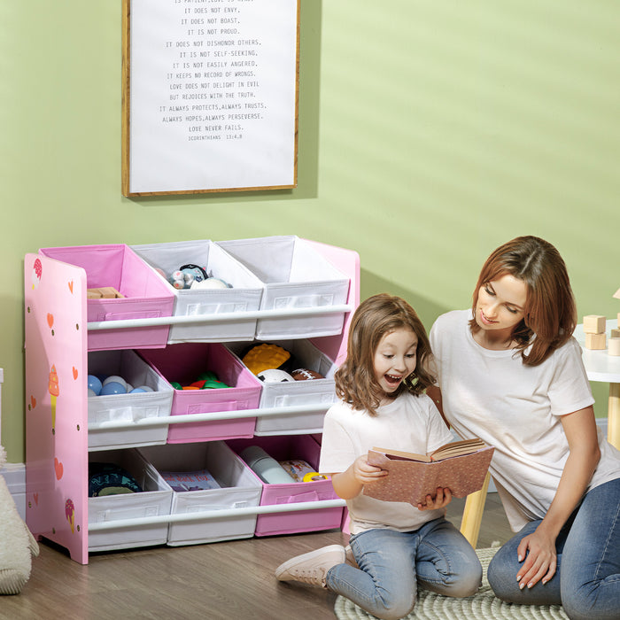 9-Bin Kids Storage Organizer - Removable Baskets Toy Box with Bookshelf - Nursery & Playroom Clutter Solution in Pink