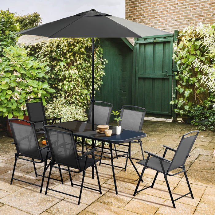 Metal Garden Furniture Set - 8 Pieces with Parasol, Folding Chairs, and Tempered Glass Table - Ideal 6-Seater Outdoor Patio Dining Ensemble