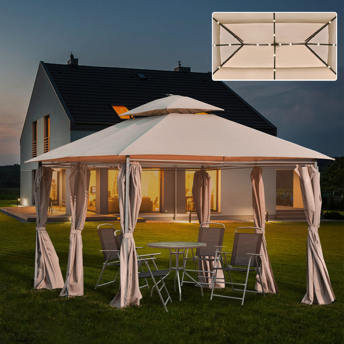 Outdoor Gazebo Canopy Party Tent - 4x3 Meter Pavilion with LED Solar Light, Double Tier Roof & Curtains - Ideal for Garden, Patio Entertainment & Shelter, Steel Frame, Khaki