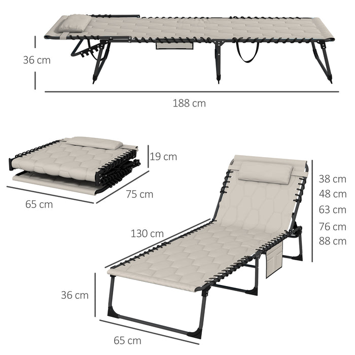 Foldable Sun Lounger Set with 5-Level Back Recline - Padded Seat Outdoor Tanning Chairs with Side Pocket & Headrest - Ideal for Beach, Yard, Patio Relaxation in Khaki