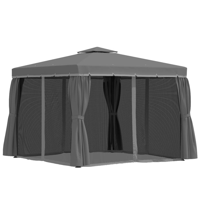 3x3m Patio Gazebo - Water-Repellent Double Tiered Roof Marquee with Mosquito Netting and Curtains in Dark Grey - Outdoor Shelter for Garden Events and Gatherings