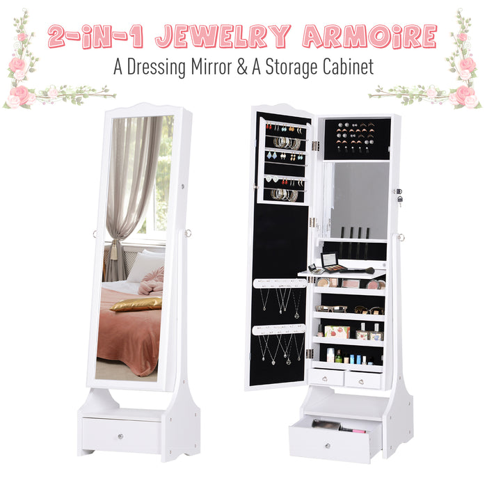 LED-Lit Jewelry Cabinet with Full-Length Mirror - Floor Standing Armoire with Flip-Over Makeup Shelf and Lockable Storage - Elegant Organization for Accessories and Cosmetics