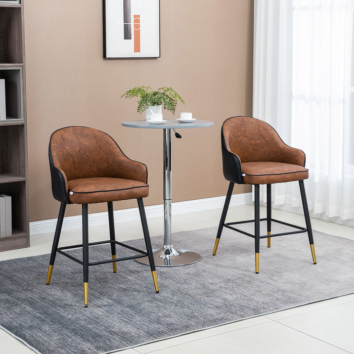 Modern Upholstered Bar Stools (Set of 2) - PU Leather Kitchen Chairs with Tufted Back and Steel Legs, Brown - Ideal for Home Bar or Kitchen Island Seating