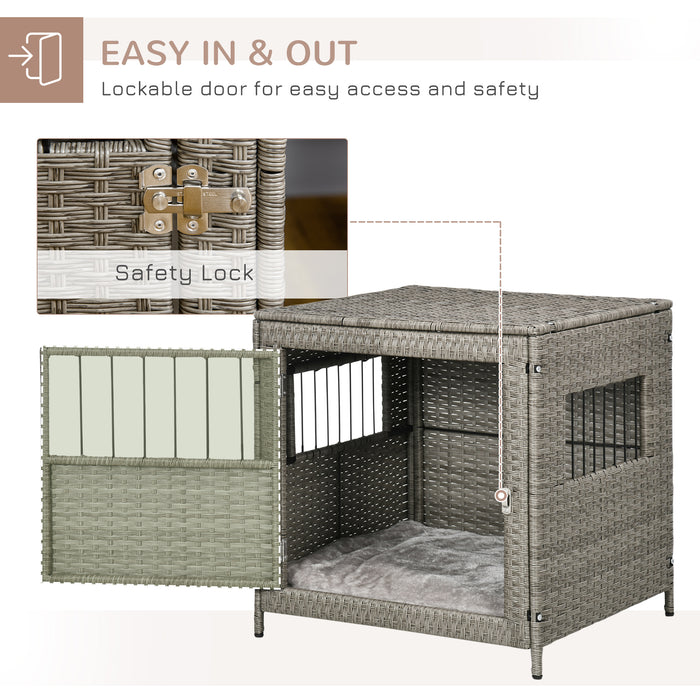 Wicker Dog Cage with Lockable Door - Comfy Small Dog Crate with Soft Washable Cushion, 62x59x66cm - Ideal for Secure & Comfortable Pet Housing, Grey