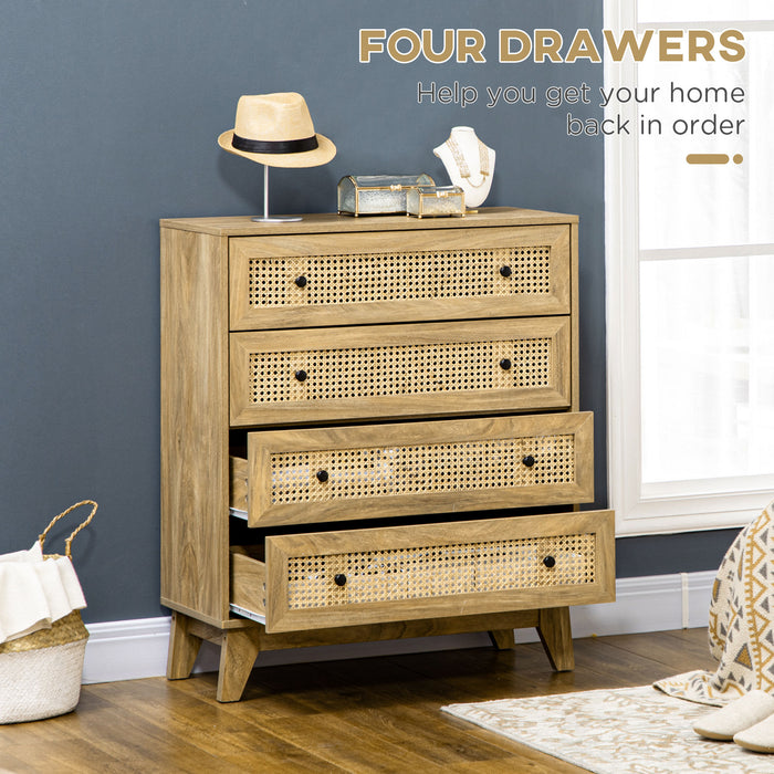 4-Drawer Rattan Storage Cabinet - Wooden Finish, Bedroom & Living Room Organizer, 80x35x95cm - Stylish Decluttering Solution