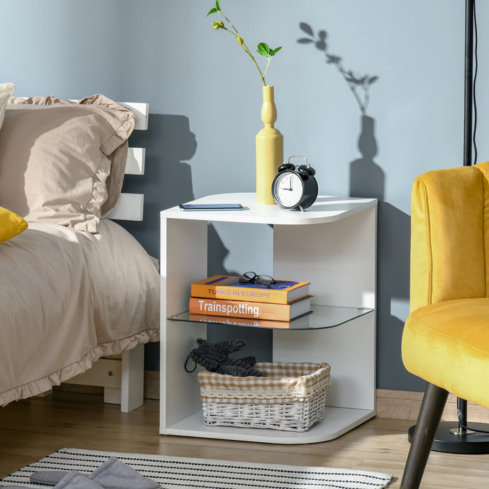 Three-Tier Modern Side Table - White Bedside Nightstand with 2 Storage Shelves - Elegant Organizational Furniture for Bedrooms and Living Rooms