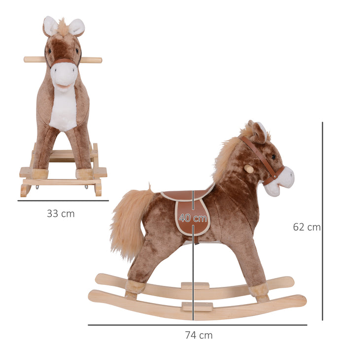 Plush Brown & White Rocking Horse for Kids - Soft Toy Ride with Sturdy Wood Base - Classic Children’s Nursery Decor and Playroom Entertainment