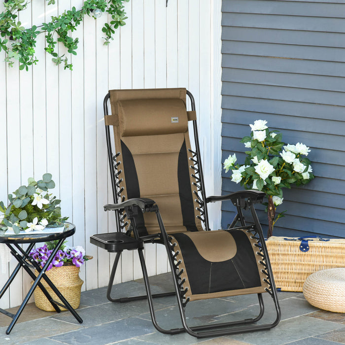 Outdoor Recliner with Adjustable Backrest - Zero Gravity Patio Lounger, Folding Chair with Cup Holder and Padded Pillow - Ideal for Patio, Poolside Relaxation, Coffee Color