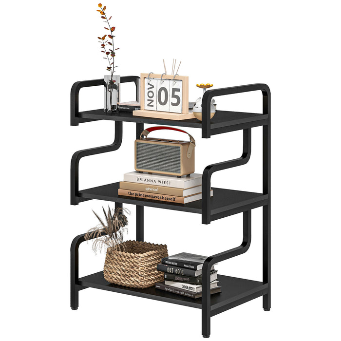 Industrial 3-Tier Storage Shelves - Sturdy Metal Shelving Unit & Printer Table - Versatile Display Rack for Home Office and Living Room Decor, Black