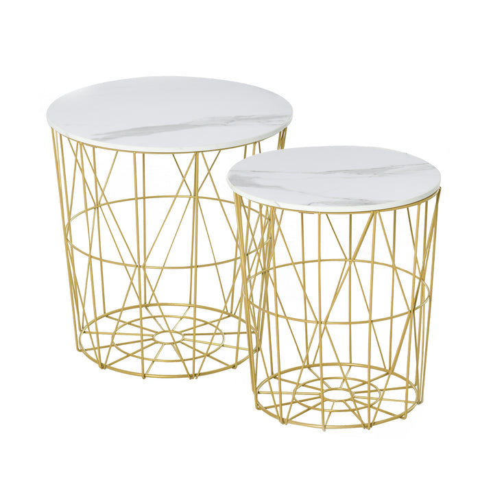 Round Nesting Side & End Tables with Storage - Steel Frame with Removable Tops, Set of 2 in White - Space-Saving Furniture for Small Apartments