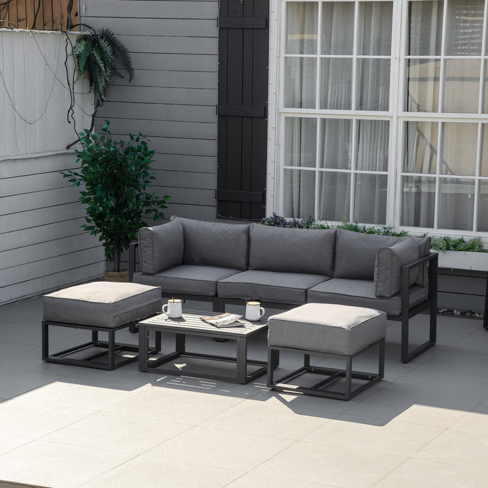 Aluminum Garden Daybed Set - 6-Piece Outdoor Sectional Sofa with Coffee Table and Footstool, Grey Cushions Included - Ideal Patio Conversation Furniture for Relaxation