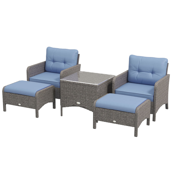 PE Rattan 5-Piece Patio Ensemble - Wicker Sofa Set with Glass Top Table, Armchairs, Stools & Blue Cushions - Ideal for Outdoor Comfort & Entertaining