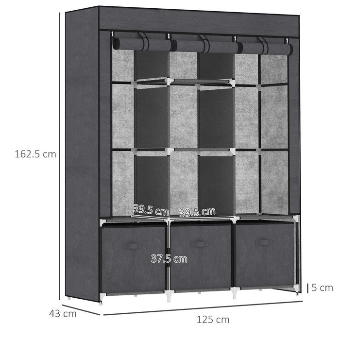 Portable Fabric Wardrobe with Shelves and Hanging Rails - Foldable Closet Organizer with Drawers, 125x43x162.5 cm, Dark Grey - Ideal Storage Solution for Clothes and Accessories