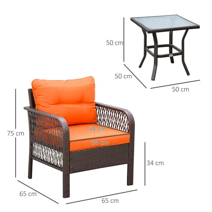 Outdoor 3-Piece PE Rattan Bistro Set - Wicker Armrest Chairs with Thick Padded Cushions and Coffee Table - Cozy Garden Patio Conversation Furniture, Orange