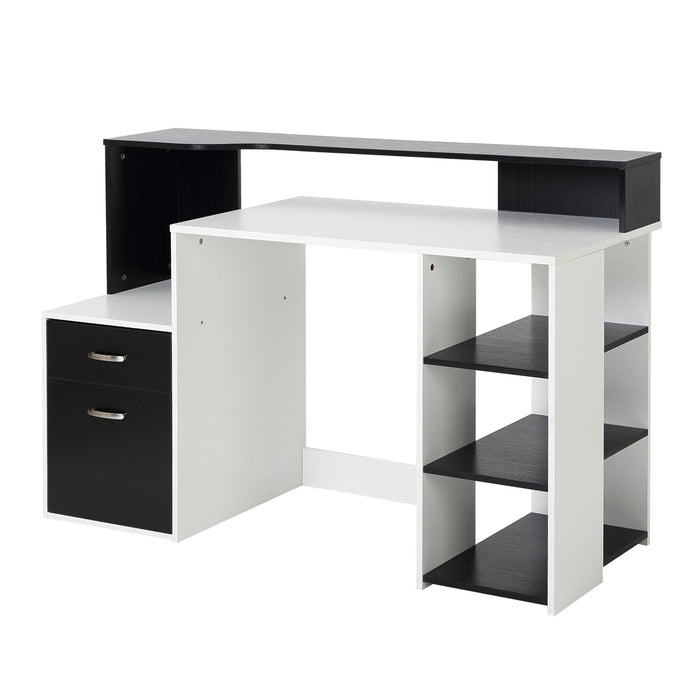 Modern Home Office Computer Desk with Printer Shelf - Writing Workstation with Storage Drawer and Shelves - Ideal for Study Room and Small Spaces, Black and White Design