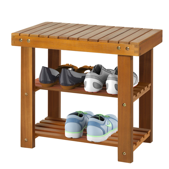 Acacia Wood Shoe Bench with 3 Tiers - Space-Saving Footwear Organizer and Hallway Shelf - Ideal for Entryways, Bedrooms, and Living Rooms