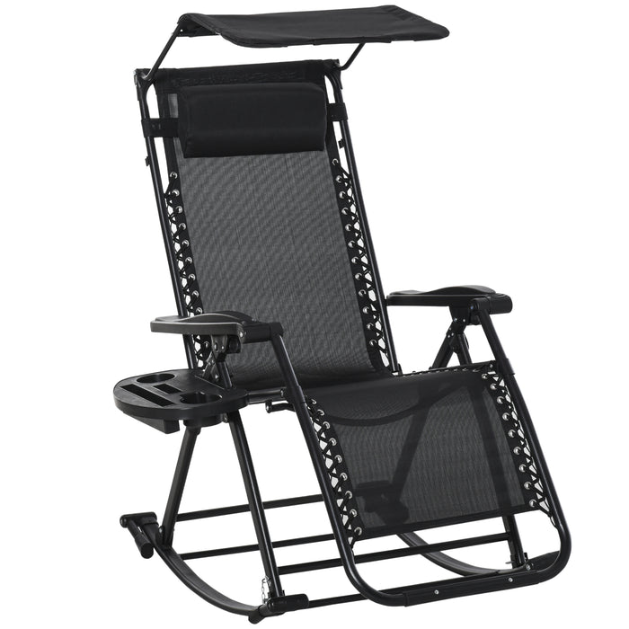 Folding Zero-Gravity Garden Rocking Chair - Outdoor Adjustable Recliner with Headrest and Side Holder, Patio Deck Rocker - Ideal for Relaxation and Sunbathing, Black