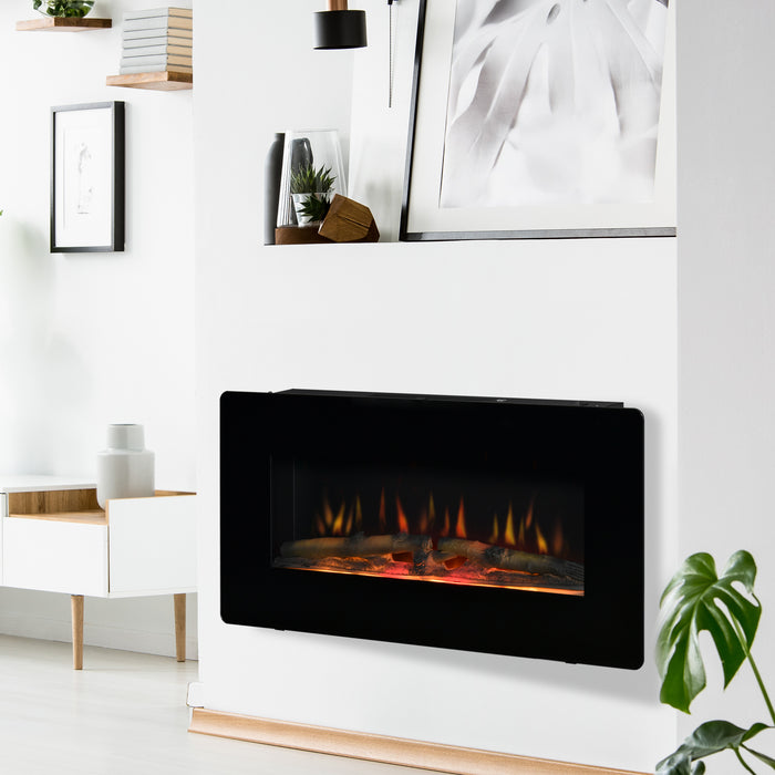 Electric Wall-Mounted Fireplace Heater - Adjustable Flame, Remote, Timer, 1800/2000W Power in Black - Cozy Ambiance for Home Heating