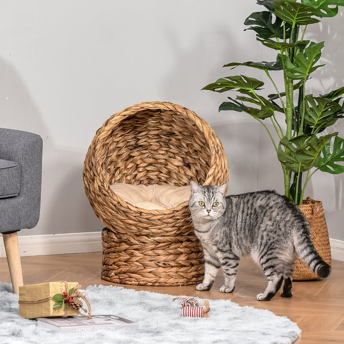 Wicker Cat Bed with Cylindrical Rattan Base - Soft Washable Cushion in Retro Brown, 50x42x60cm - Ideal Comfort for Cats