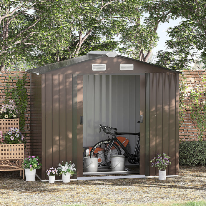 Extra Large Metal Garden Shed - 7ft x 4ft Lockable Storage with Foundation, Patio Roof, Tool Building - Secure Outdoor Organizer for Lawn Equipment, Brown