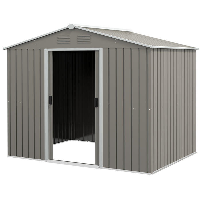 Metal Garden Storage Shed 8x6ft - Outdoor Tool House with Ventilation & Sliding Doors, Light Grey Finish - Ideal for Secure Yard Equipment Organization