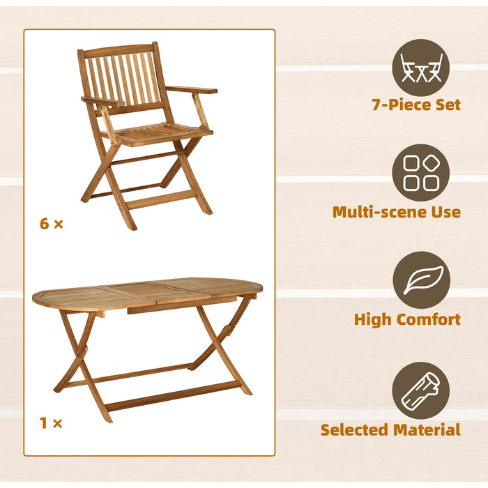 7-Piece Teak Garden Dining Set with Umbrella-Compatible Foldable Table and Armchairs - Outdoor Patio Furniture with Parasol Hole - Ideal for Al Fresco Dining & Entertaining