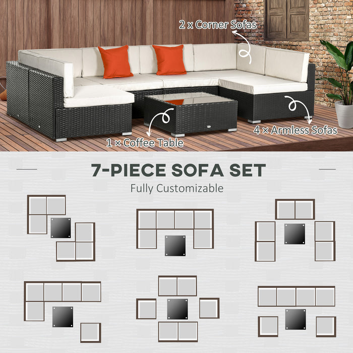 7 PC Rattan Garden Furniture Set - Outdoor Sectional Sofa with Wicker Weave, Coffee Table, Cushions, and Pillows - Perfect for Patio and Deck Seating Area