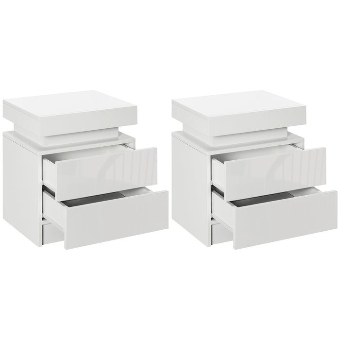 Modern White Bedside Table with Built-in LED Light - High Gloss 2-Drawer Nightstand - Perfect for Bedroom and Living Room Storage Needs