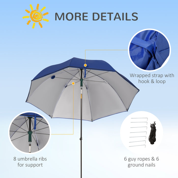 Beach Parasol Fishing Umbrella Brolly - UV30+ Sun Protection with Push Button Tilt and Sides - Portable Shelter for Outdoor Enthusiasts with Carry Bag, Blue