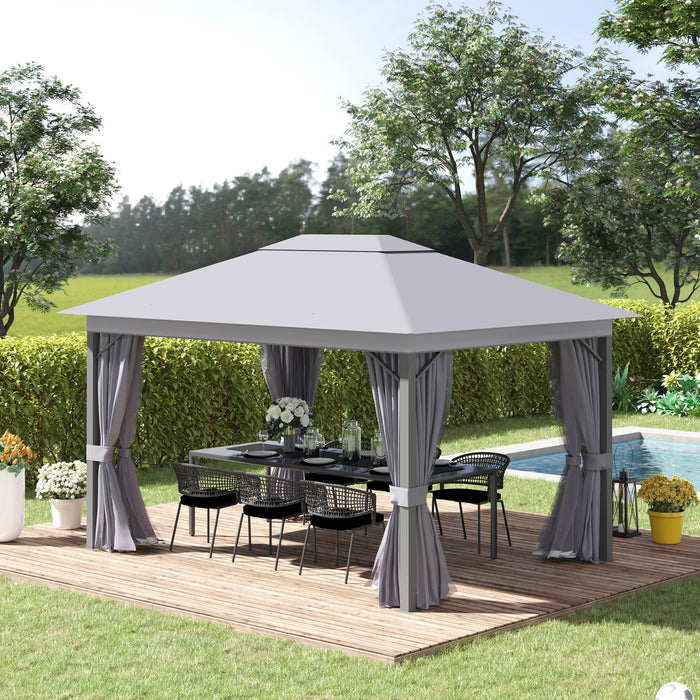 Aluminium Frame Patio Gazebo 4x3m - Vented Roof Canopy with Mosquito Netting and Privacy Curtains - Elegant Shelter for Garden and Outdoor Entertaining