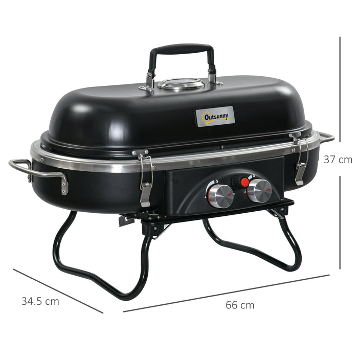 Portable Foldable Gas BBQ Grill with 2 Burners and Lid - Compact Tabletop Barbecue with Piezo Ignition and Built-In Thermometer - Ideal for Camping, Picnics, and Outdoor Cooking