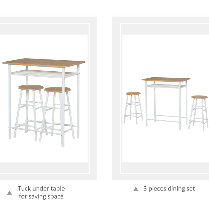 Modern Bar Table Set with 2 Stools - White & Oak Finish, Metal Frame Footrest & Storage Shelf - Ideal for Kitchen, Dining, Pub, or Café Spaces