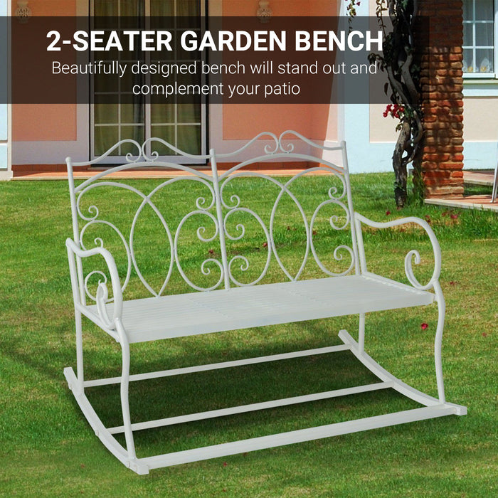 2-Person Patio Rocking Bench - Steel Frame Outdoor Loveseat with Ornate Backrest - Ideal for Garden or Porch Relaxation in Classic White