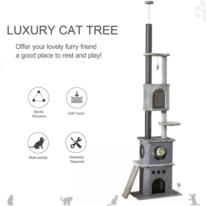 Extra-Tall 255cm Cat Climbing Tree - Adjustable Kitty Activity Center with Double Condo & Rest Post - Ideal Floor-to-Ceiling Cat Climber Toy for Playful Felines