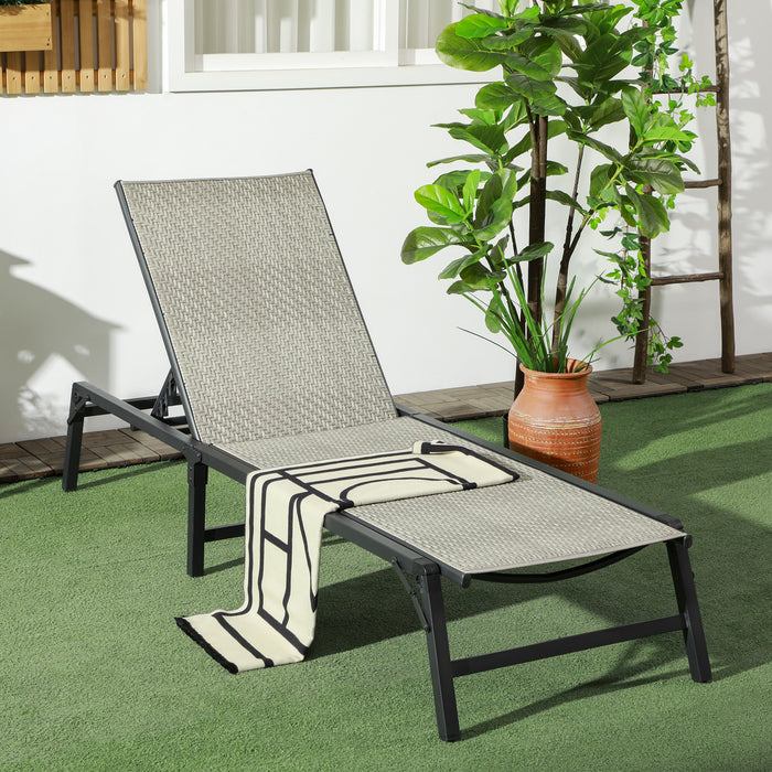 Foldable Rattan Sun Lounger - 5-Level Adjustable Backrest Recliner Chair in Mixed Grey - Ideal for Patio Relaxation and Sunbathing