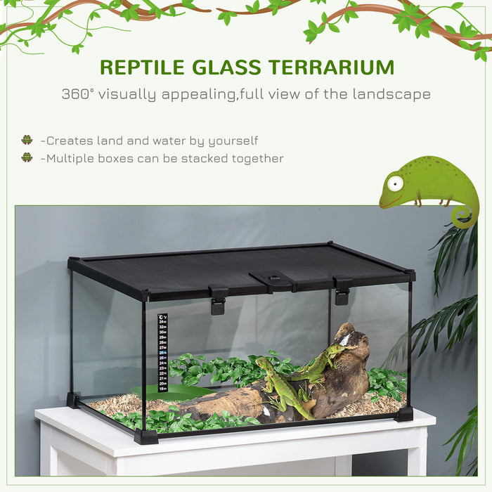 Reptile Glass Terrarium with Thermometer - 50x30x25cm Climbing Pet Enclosure, Breeding Tank - Ideal for Arboreal Animals, Black Finish