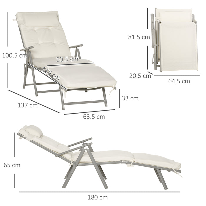 Garden Sun Lounger with Pillow - Adjustable Texteline Recliner, Foldable and Reclining - Ideal for Patio Comfort and Relaxation, Cream White