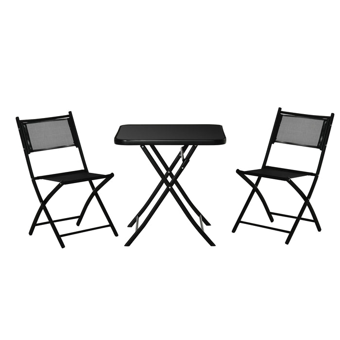 Folding Patio Ensemble - 3-Piece Black Outdoor Furniture Set with Table and 2 Chairs - Ideal for Backyard and Porch Relaxation